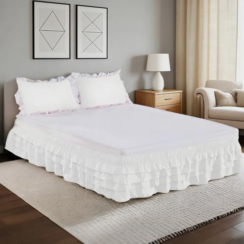 Surwin Weiß Bettrock mit Rüschen für King-Size Bettschrank elegante Lösung | 150x200cm Bettrock mit elastischer Bindung 